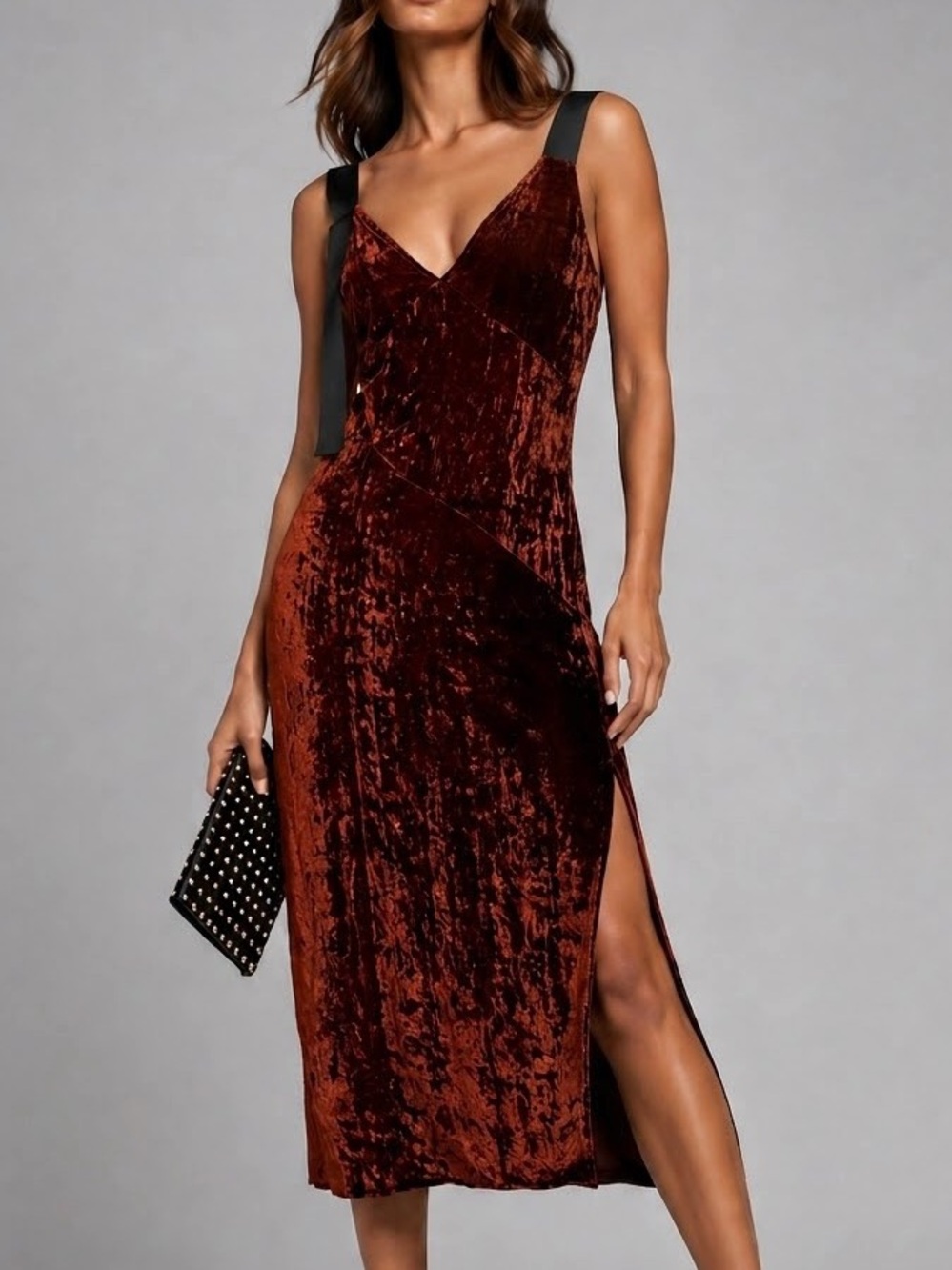 ASOS Crushed Velvet Midi Slipdress Size 2 XS Ribbon Strap High Slit Dress Vamp